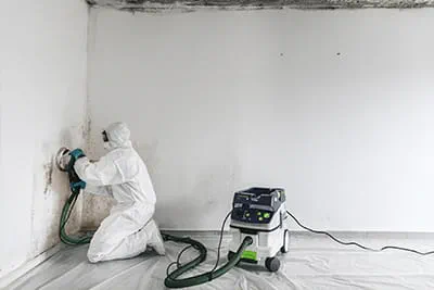 Professional mold removal technician in full protective hazmat suit using Festool equipment for safe mold remediation work